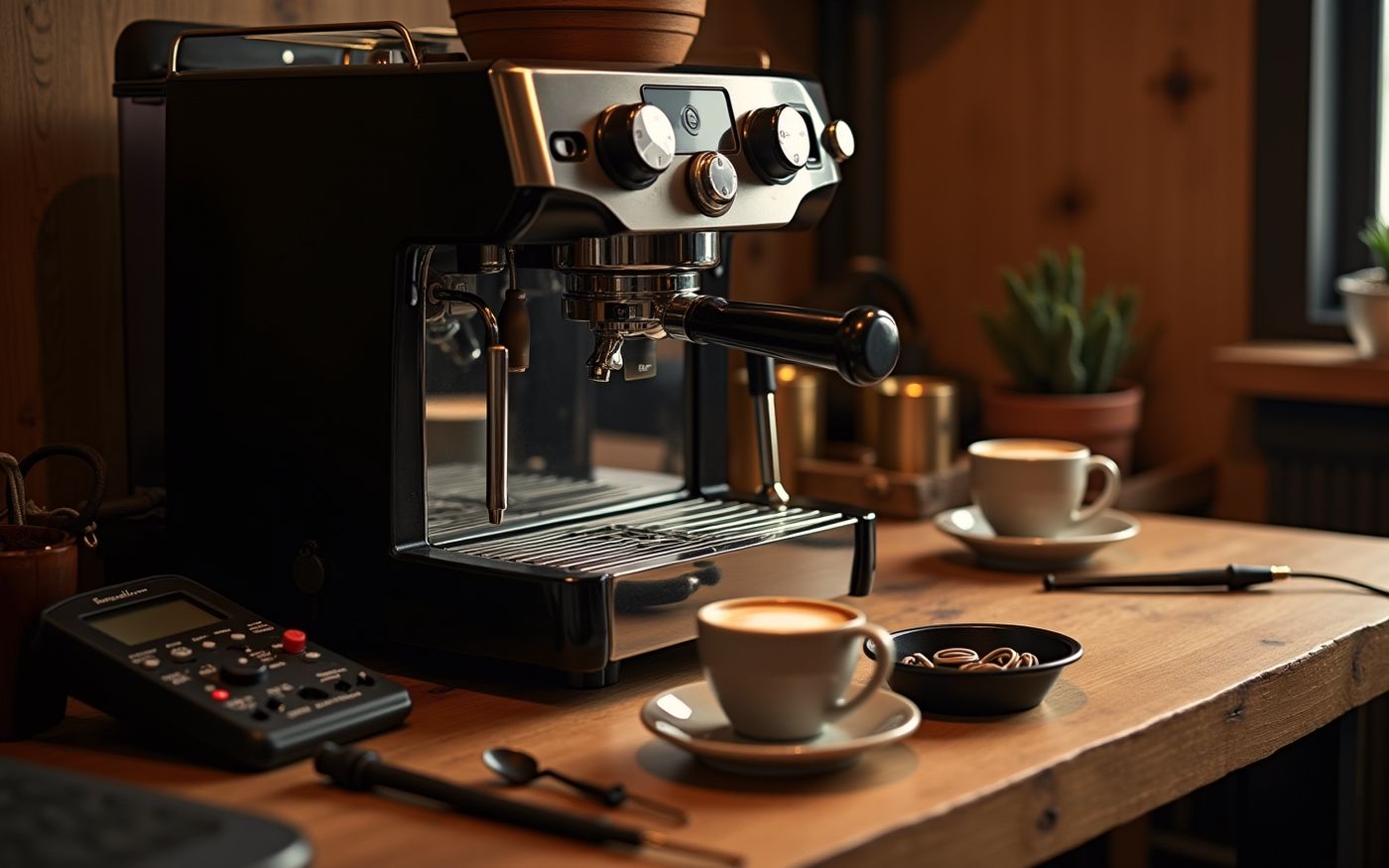 Kaffeemaschinen-Reparatur: Werkbank mit Espressomaschine, Messgerät und Dichtungen
