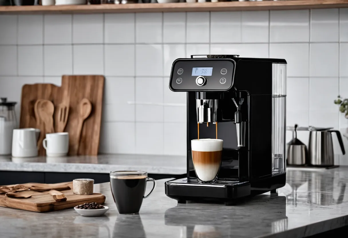 Ein geöffneter Kaffeevollautomat mit sichtbarer Brühgruppe auf einer Werkbank für Kaffeemaschinen