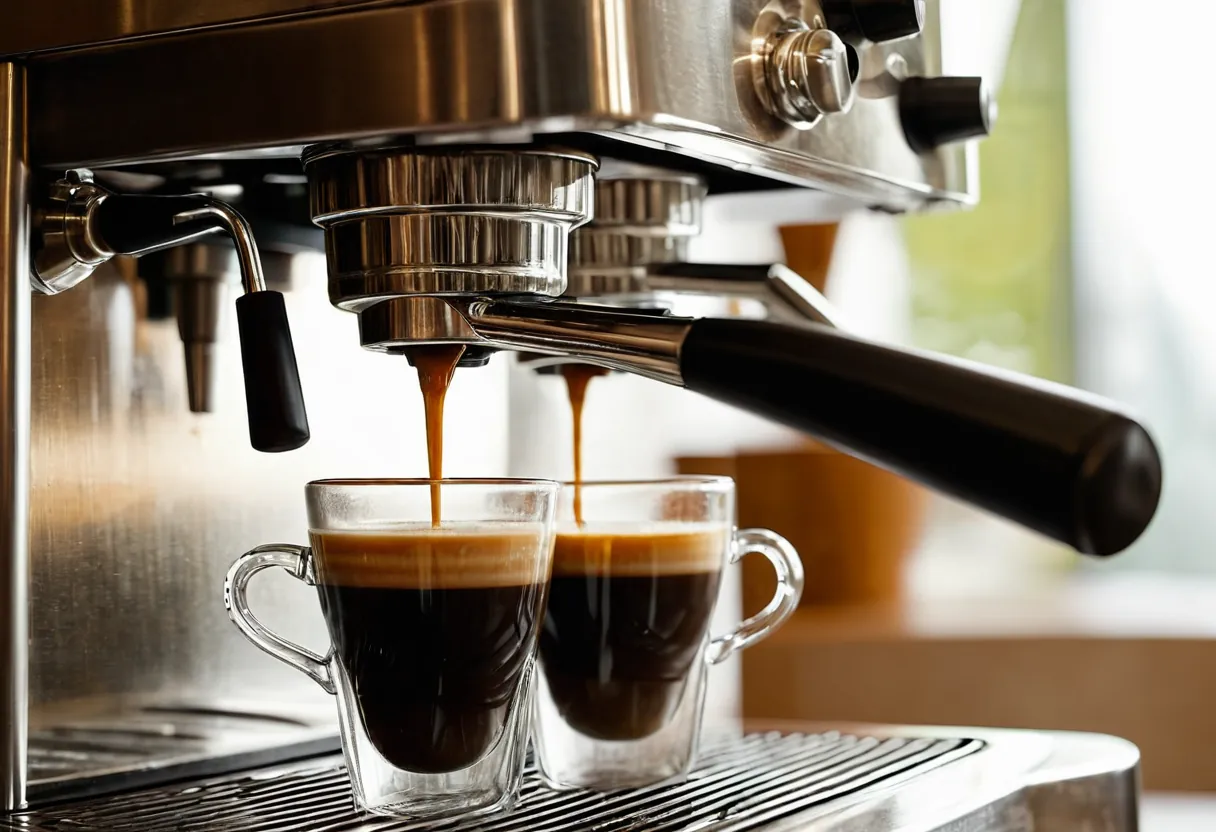 Ein geöffneter Kaffeevollautomat mit sichtbarer Brühgruppe auf einer Werkbank für Kaffeemaschinen