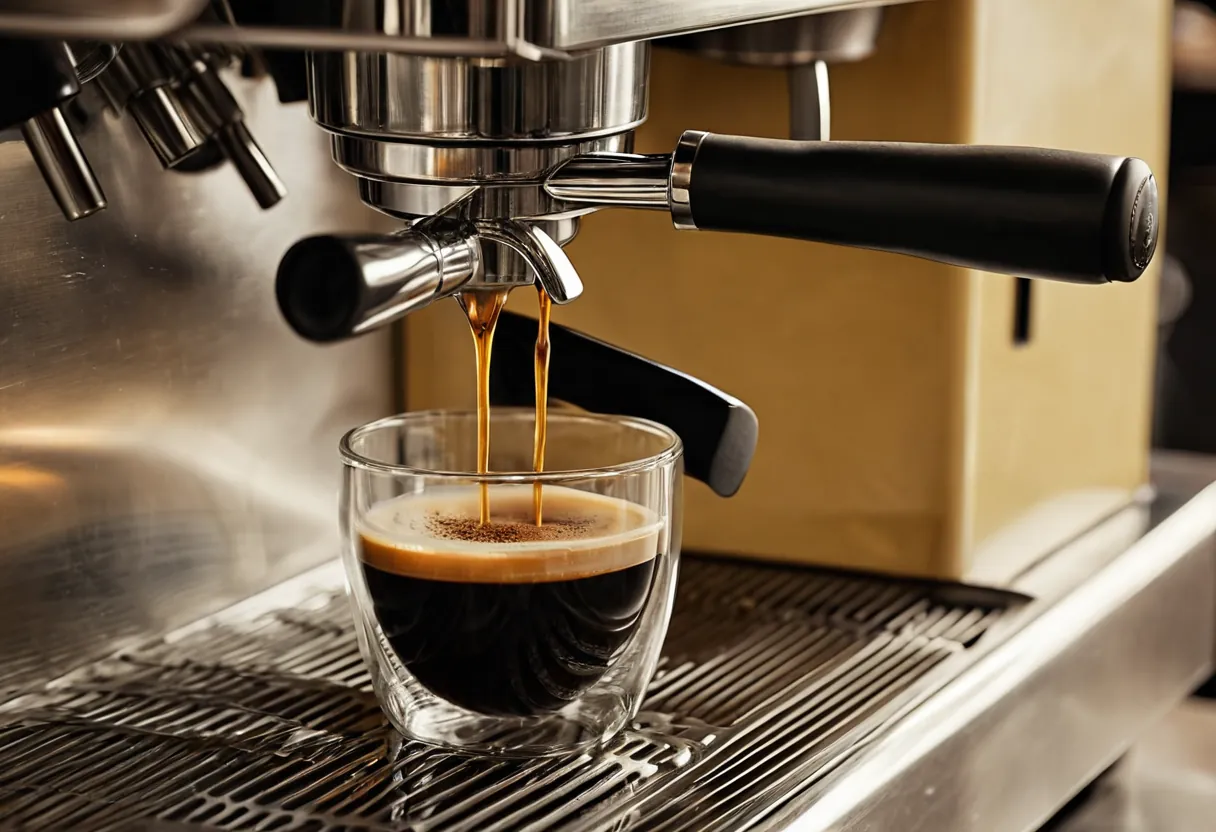 Ein geöffneter Kaffeevollautomat mit sichtbarer Brühgruppe auf einer Werkbank für Kaffeemaschinen