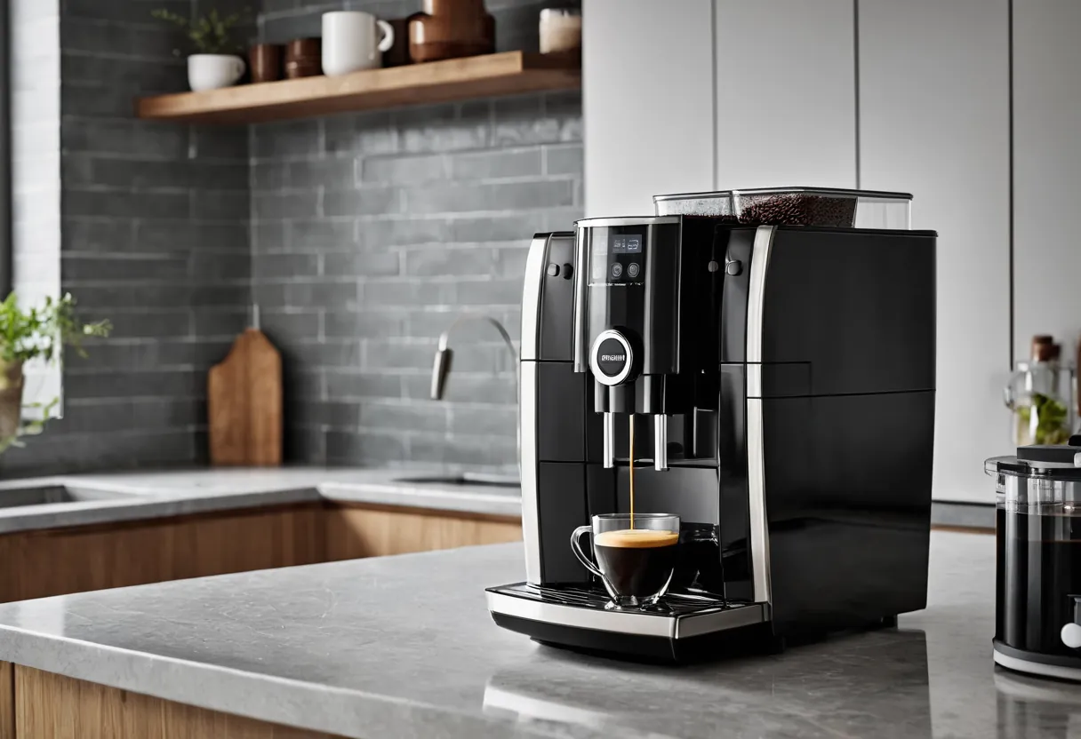 Ein geöffneter Kaffeevollautomat mit sichtbarer Brühgruppe auf einer Werkbank für Kaffeemaschinen