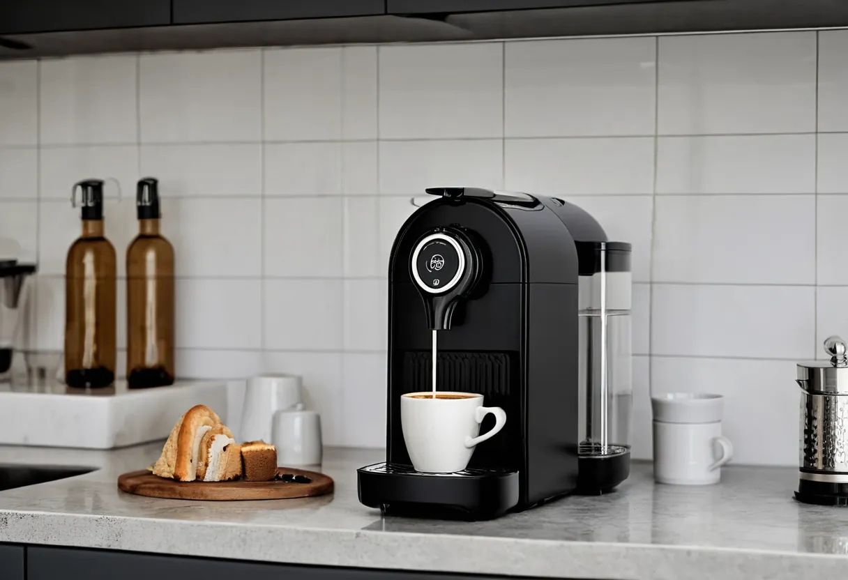Ein geöffneter Kaffeevollautomat mit sichtbarer Brühgruppe auf einer Werkbank für Kaffeemaschinen