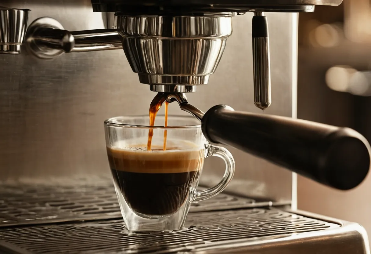 Ein geöffneter Kaffeevollautomat mit sichtbarer Brühgruppe auf einer Werkbank für Kaffeemaschinen