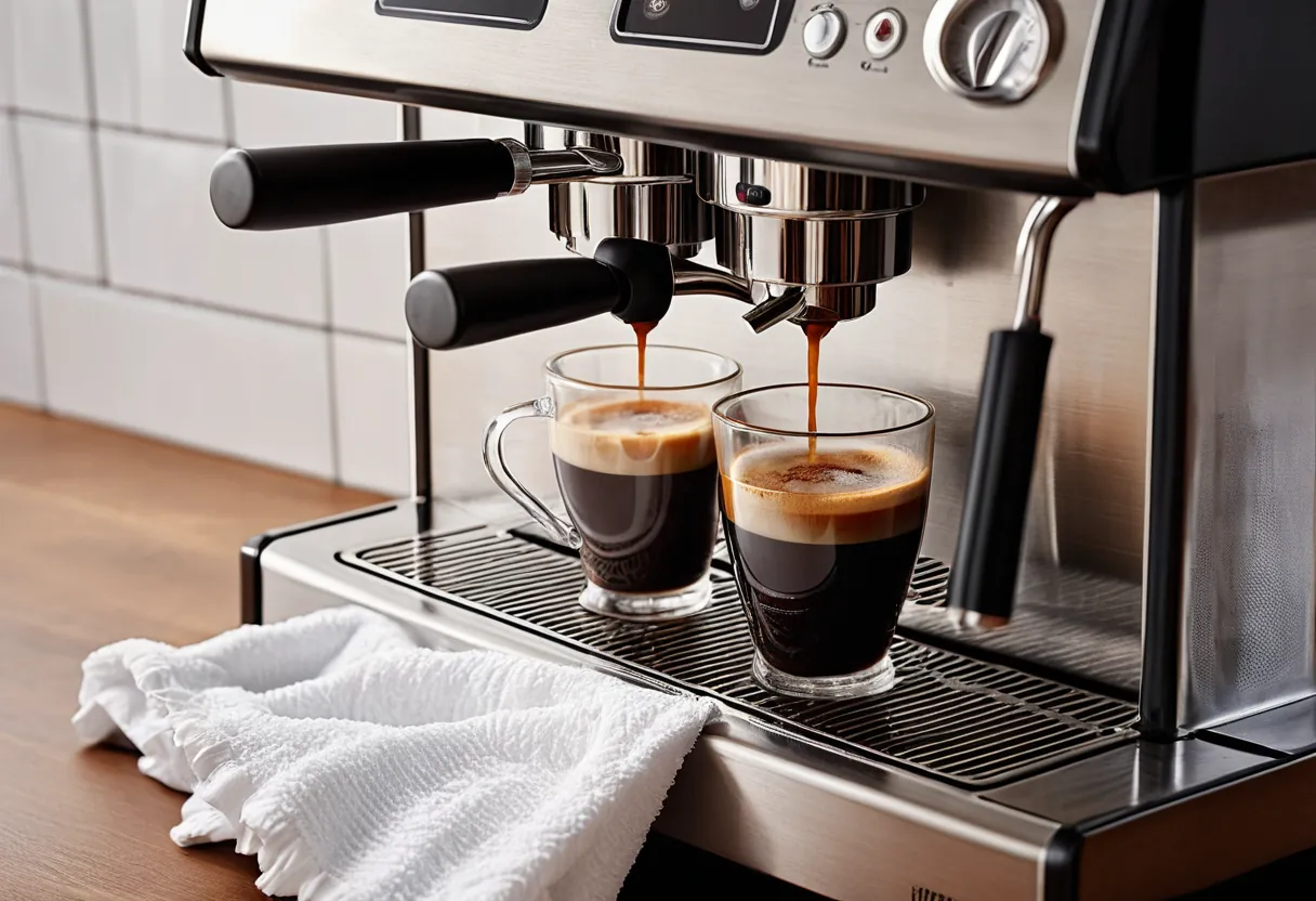 Ein geöffneter Kaffeevollautomat mit sichtbarer Brühgruppe auf einer Werkbank für Kaffeemaschinen