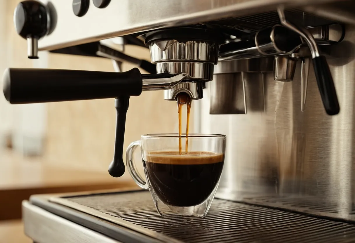 Ein geöffneter Kaffeevollautomat mit sichtbarer Brühgruppe auf einer Werkbank für Kaffeemaschinen