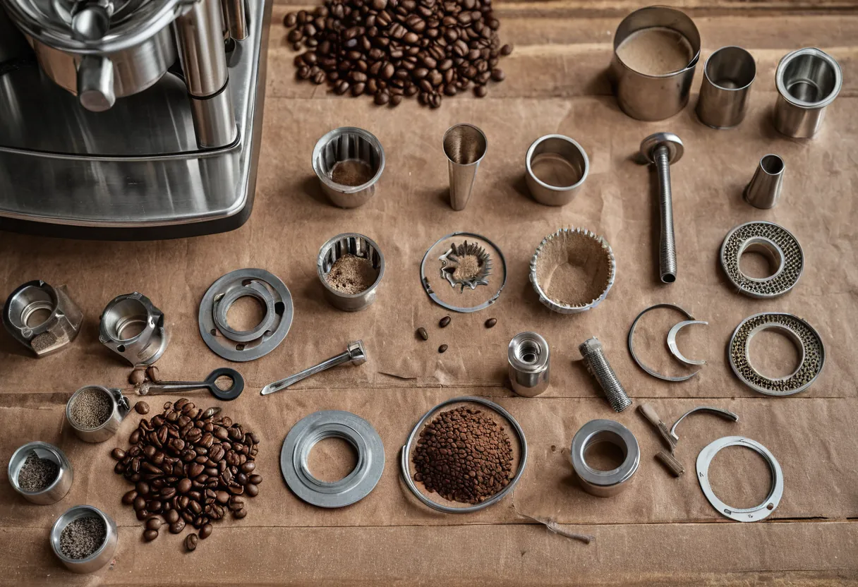Ein geöffneter Kaffeevollautomat mit sichtbarer Brühgruppe auf einer Werkbank für Kaffeemaschinen