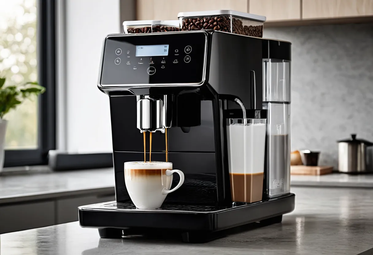 Ein geöffneter Kaffeevollautomat mit sichtbarer Brühgruppe auf einer Werkbank für Kaffeemaschinen