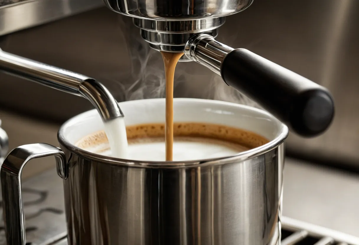 Ein geöffneter Kaffeevollautomat mit sichtbarer Brühgruppe auf einer Werkbank für Kaffeemaschinen