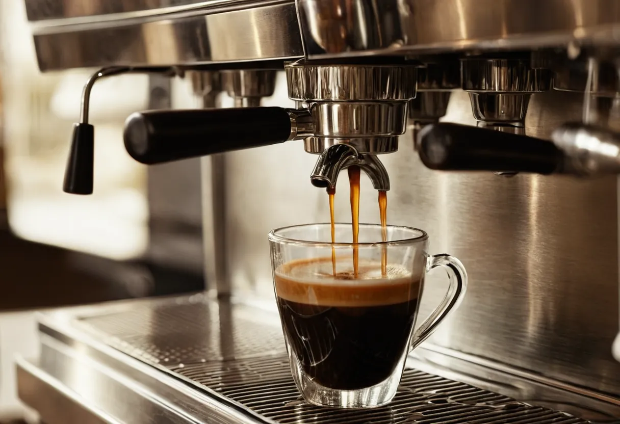 Ein geöffneter Kaffeevollautomat mit sichtbarer Brühgruppe auf einer Werkbank für Kaffeemaschinen