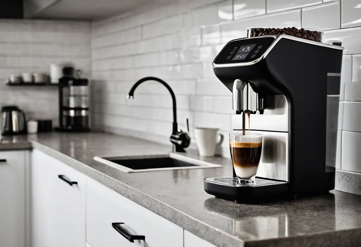 Ein geöffneter Kaffeevollautomat mit sichtbarer Brühgruppe auf einer Werkbank für Kaffeemaschinen