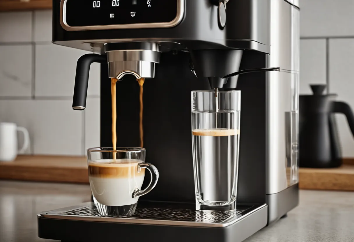 Ein geöffneter Kaffeevollautomat mit sichtbarer Brühgruppe auf einer Werkbank für Kaffeemaschinen