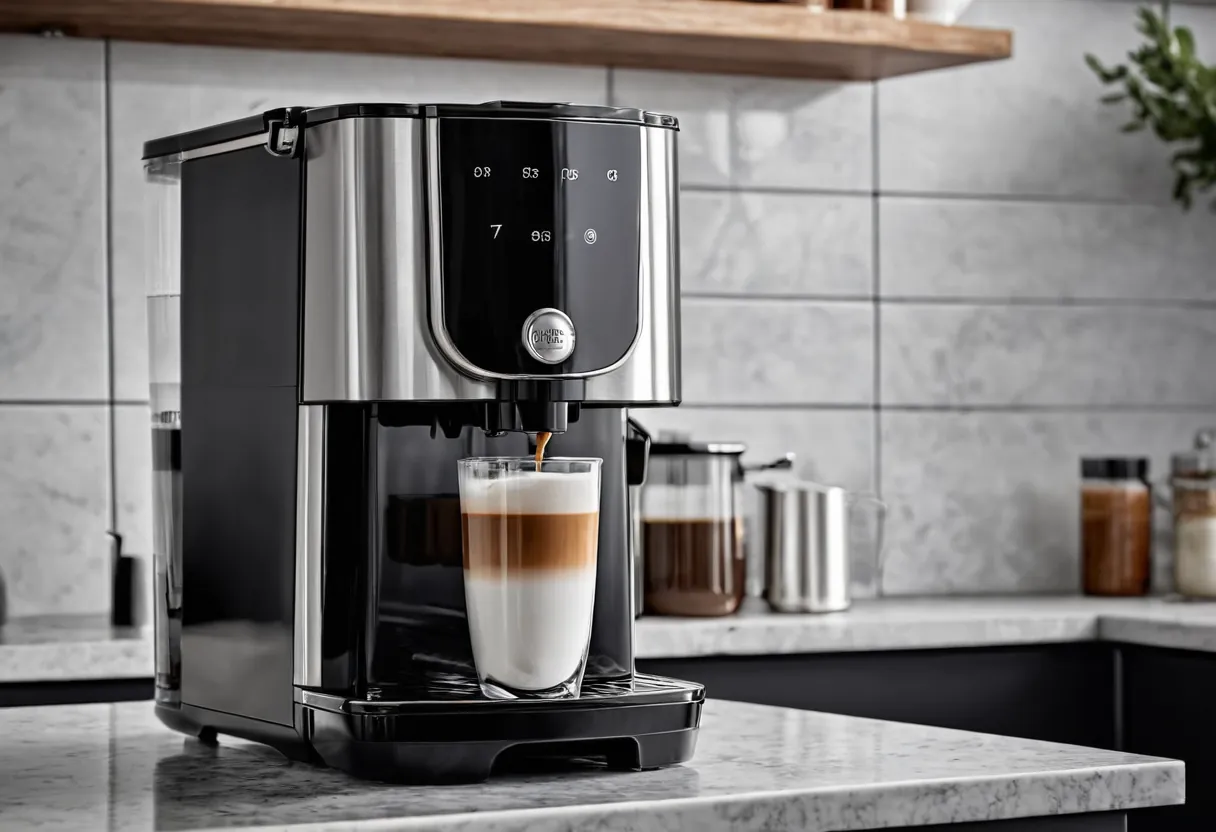 Ein geöffneter Kaffeevollautomat mit sichtbarer Brühgruppe auf einer Werkbank für Kaffeemaschinen