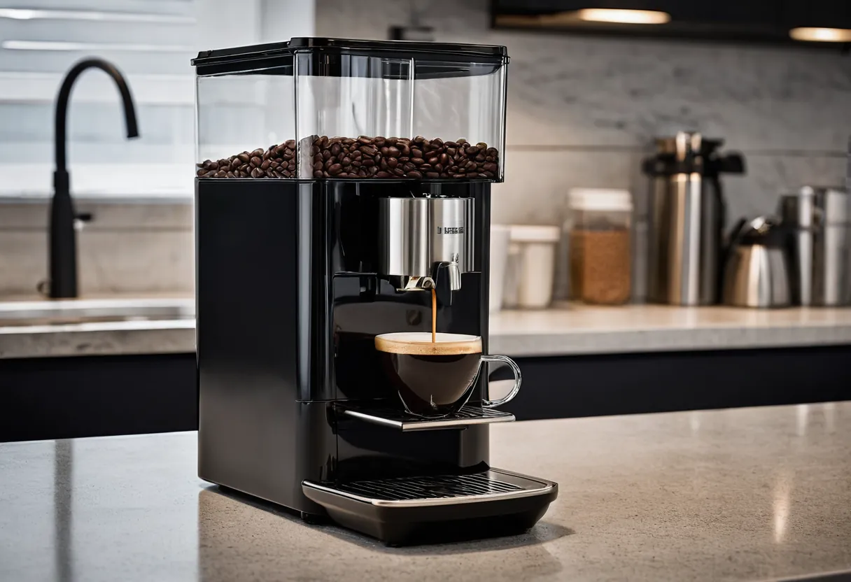 Das Anzeigefeld eines Geräts mit Kontrollleuchten auf einer Werkbank für Kaffeemaschinen