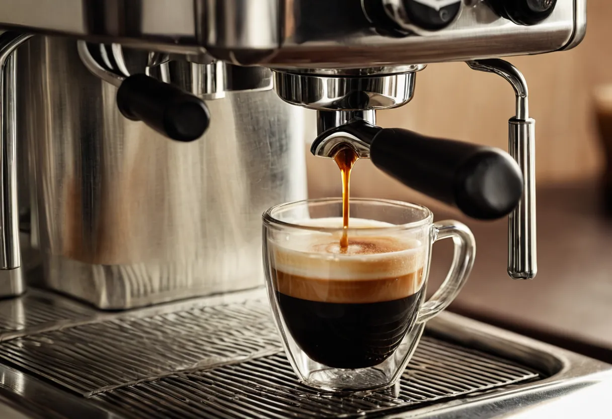Ein geöffneter Kaffeevollautomat mit sichtbarer Brühgruppe auf einer Werkbank für Kaffeemaschinen