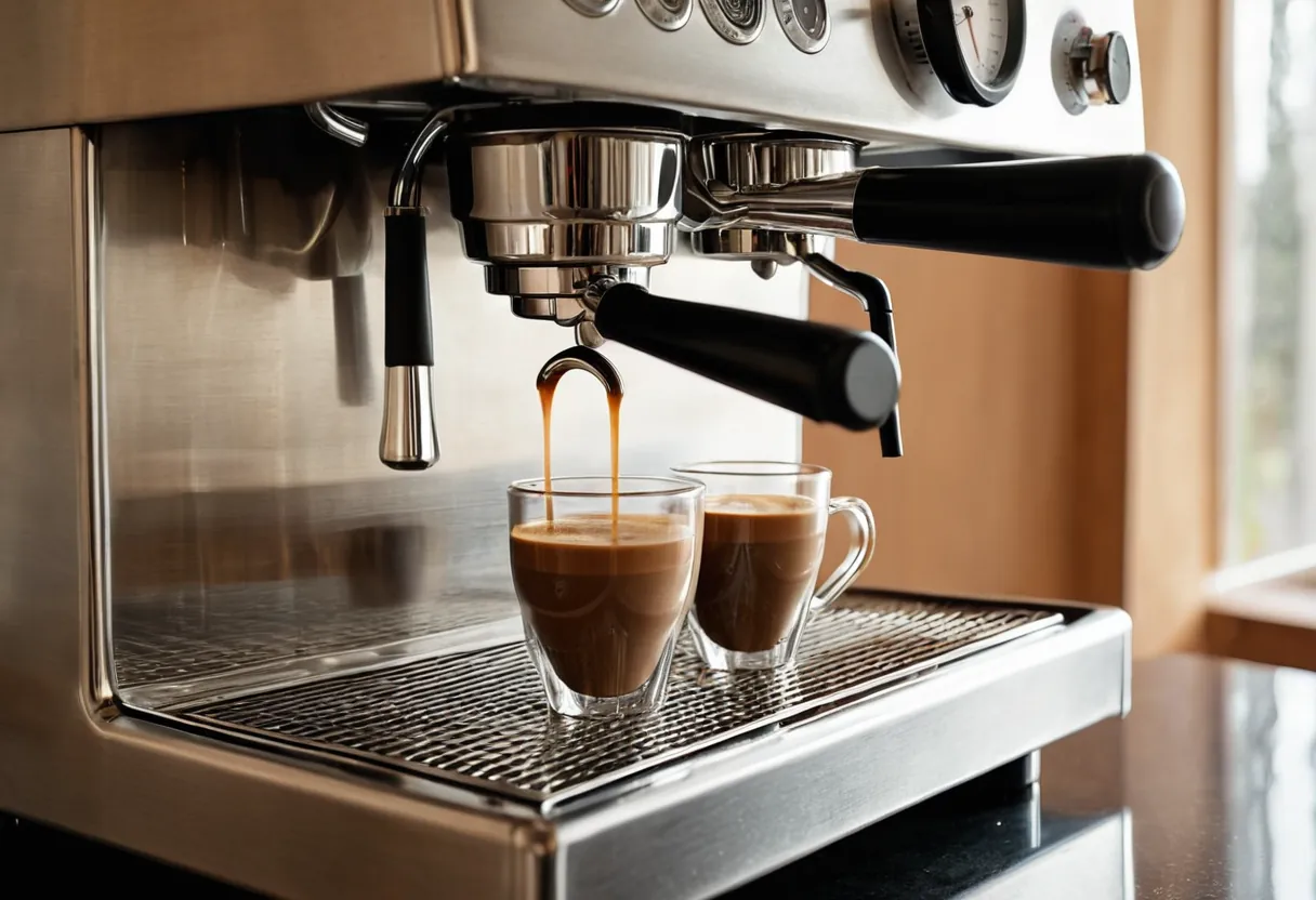 Ein geöffneter Kaffeevollautomat mit sichtbarer Brühgruppe auf einer Werkbank für Kaffeemaschinen