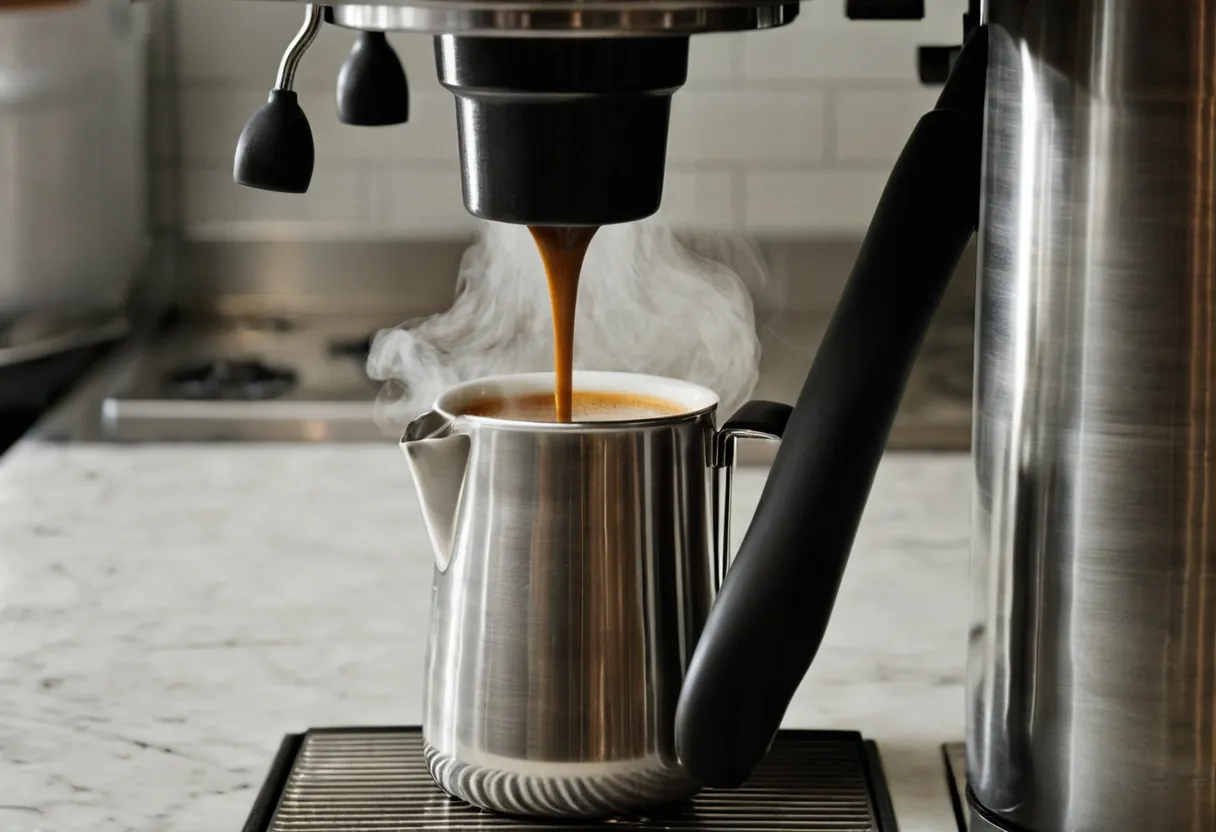 Ein geöffneter Kaffeevollautomat mit sichtbarer Brühgruppe auf einer Werkbank für Kaffeemaschinen