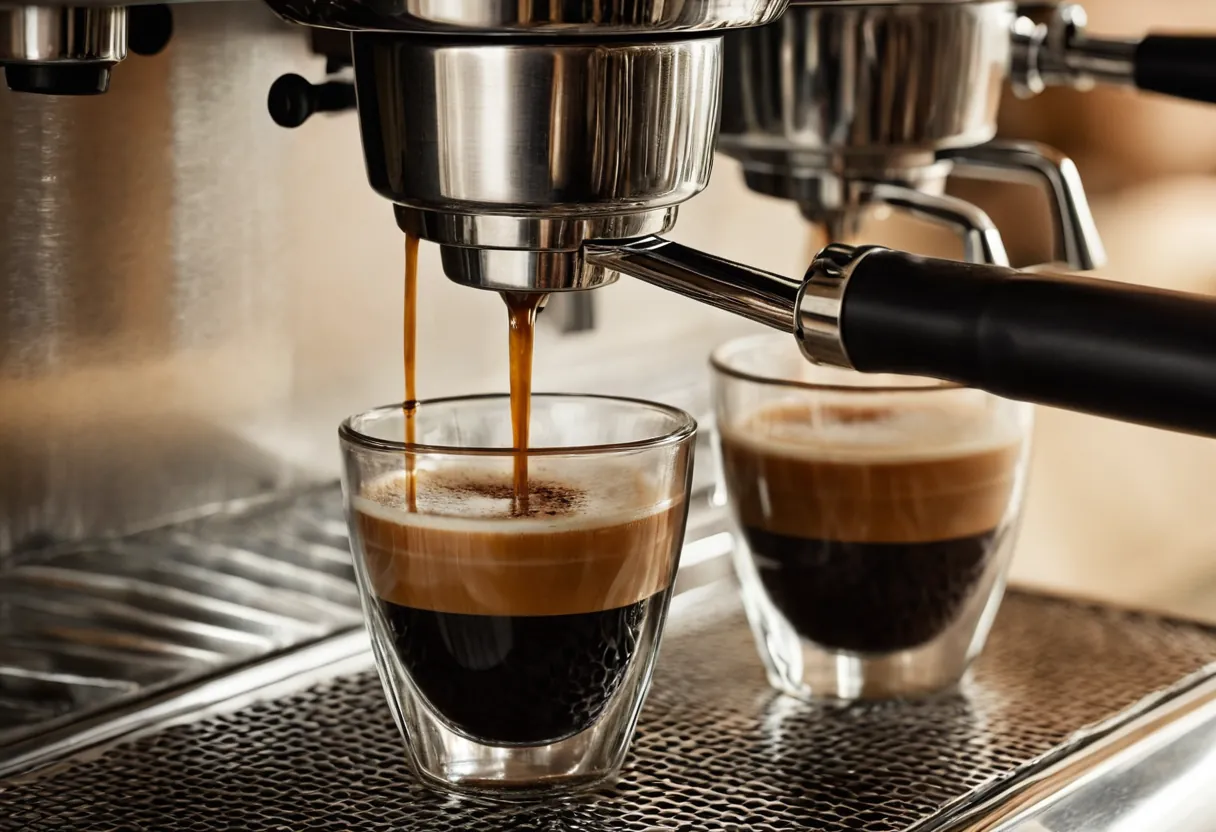 Ein geöffneter Kaffeevollautomat mit sichtbarer Brühgruppe auf einer Werkbank für Kaffeemaschinen