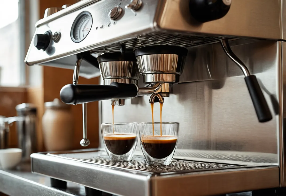 Ein geöffneter Kaffeevollautomat mit sichtbarer Brühgruppe auf einer Werkbank für Kaffeemaschinen